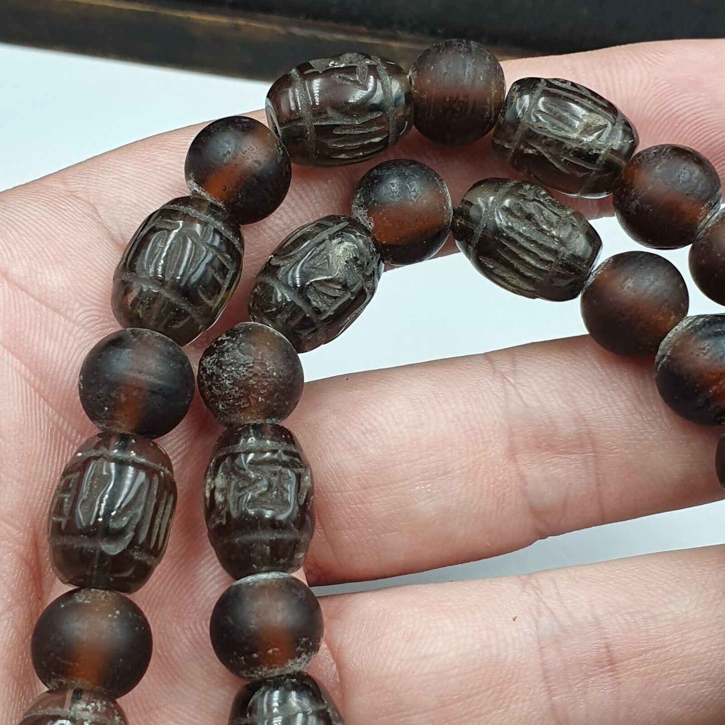 TIBETAN ANTIQUE OLD Carving Smoky Quartz BEADS MALA NECKLACE SMK-3
