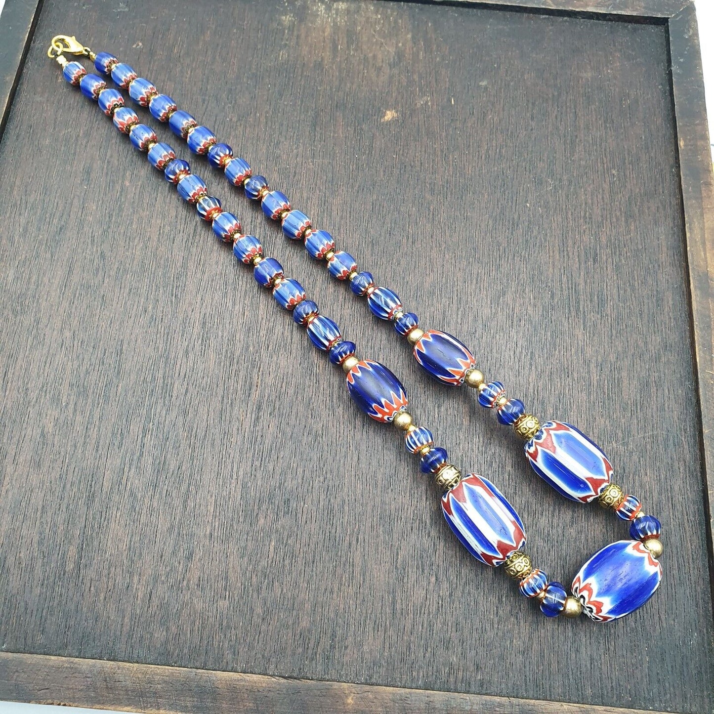 Venetian Style Trade beads Vintage Blue Chevron Beads necklace BCH-32