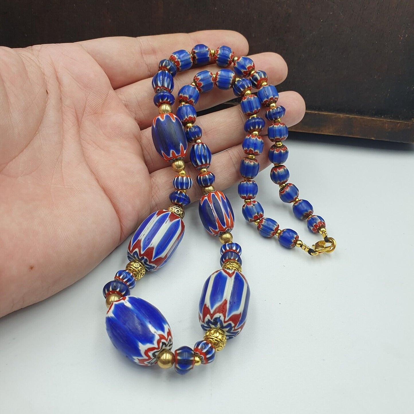 Venetian Style Trade beads Vintage Blue Chevron Beads necklace BCH-32