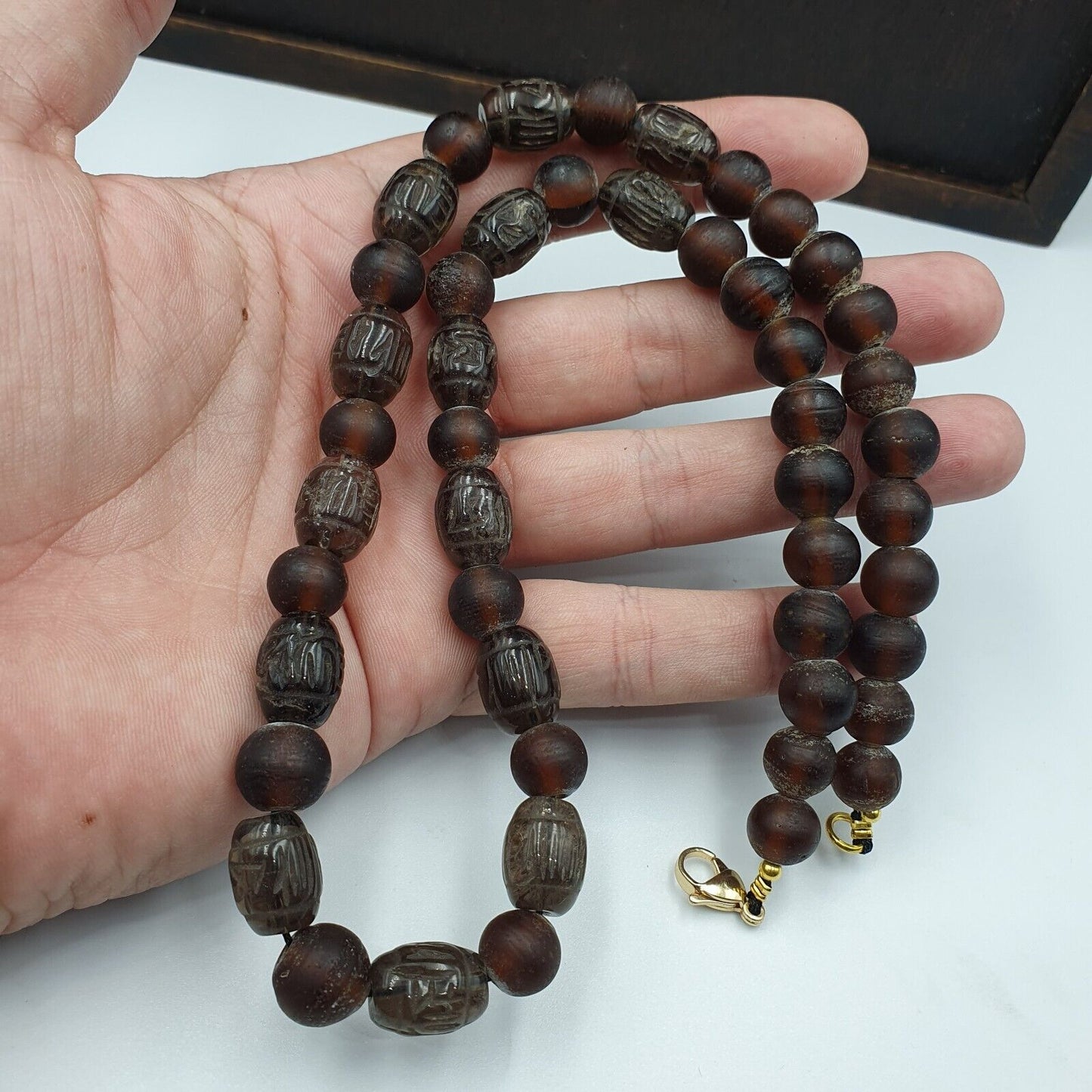 TIBETAN ANTIQUE OLD Carving Smoky Quartz BEADS MALA NECKLACE SMK-3