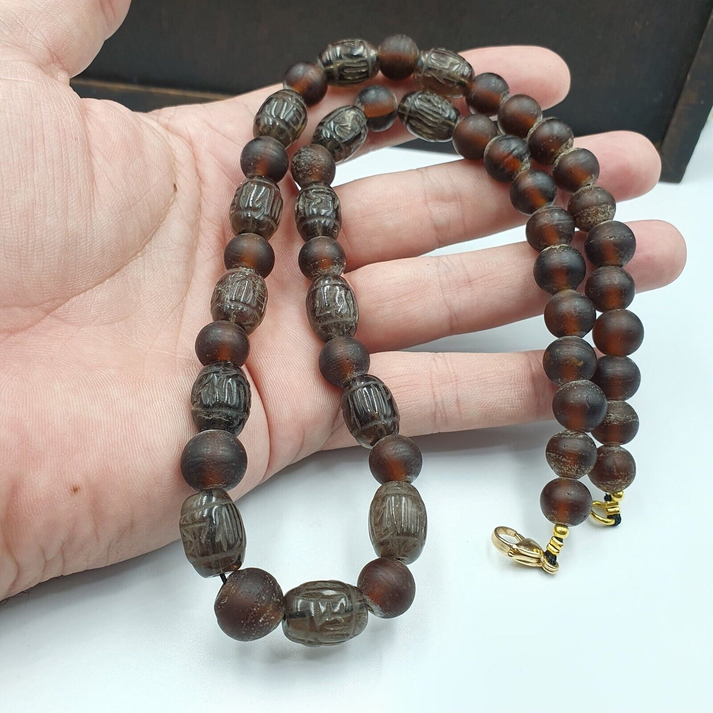 TIBETAN ANTIQUE OLD Carving Smoky Quartz BEADS MALA NECKLACE SMK-3