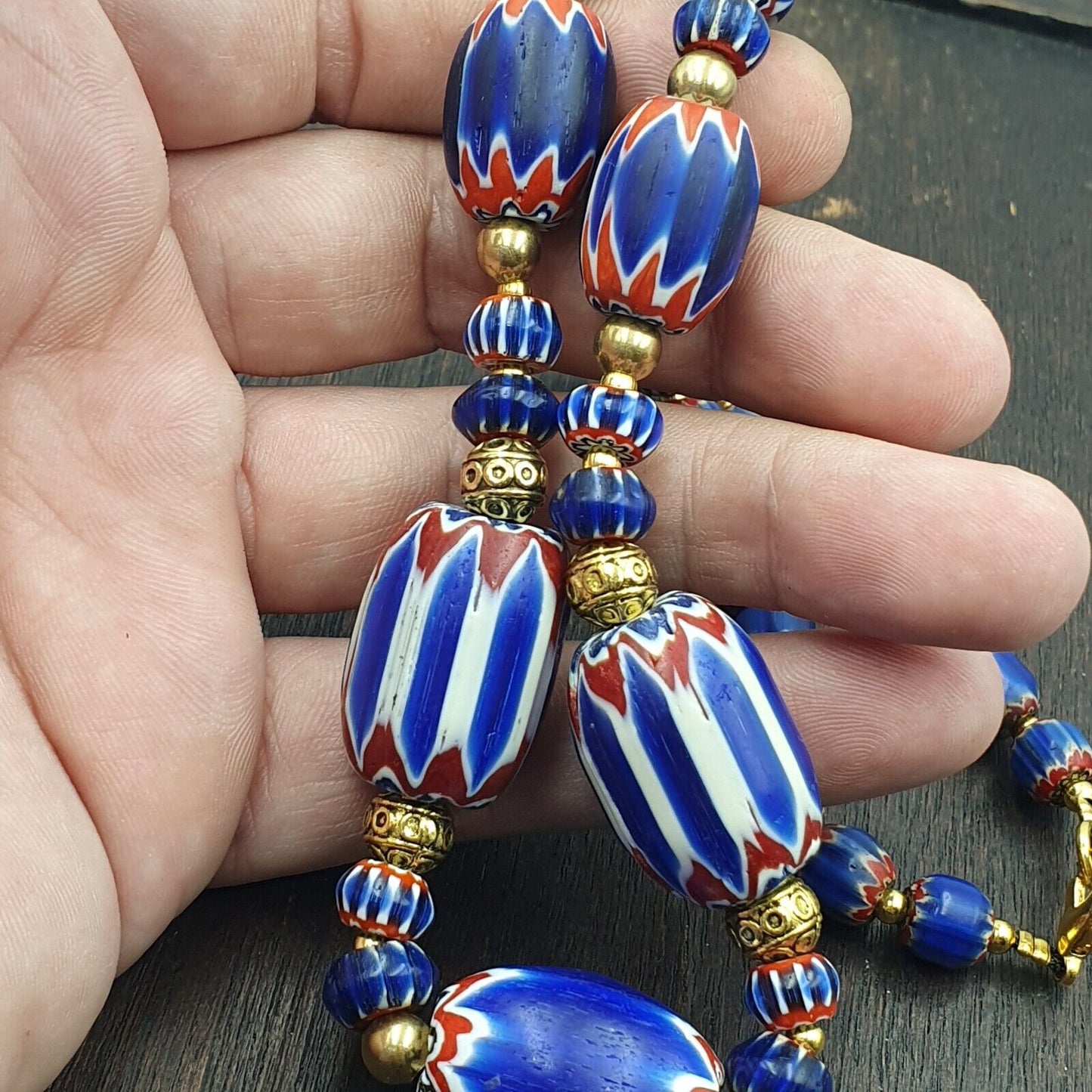 Venetian Style Trade beads Vintage Blue Chevron Beads necklace BCH-32