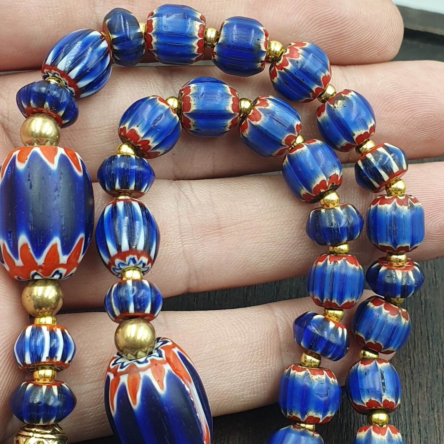 Venetian Style Trade beads Vintage Blue Chevron Beads necklace BCH-32
