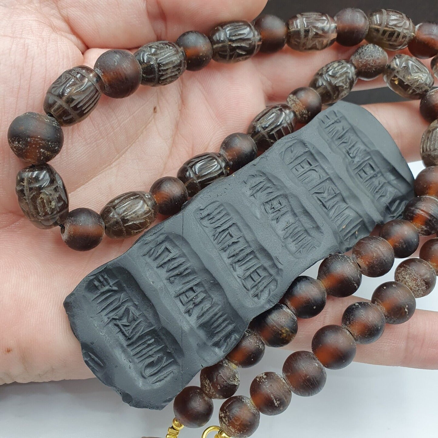 TIBETAN ANTIQUE OLD Carving Smoky Quartz BEADS MALA NECKLACE SMK-3