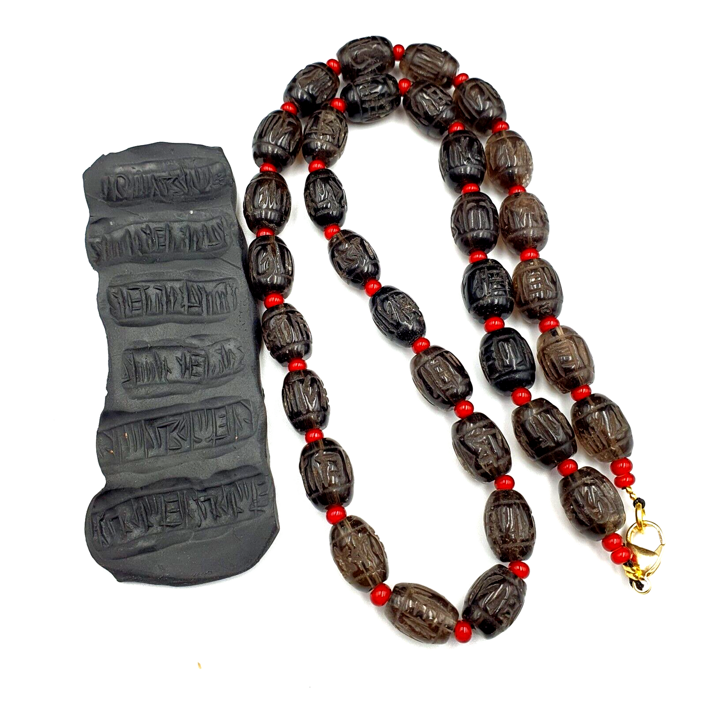 TIBETAN ANTIQUE OLD Carving Smoky Quartz BEADS MALA NECKLACE SMK-2