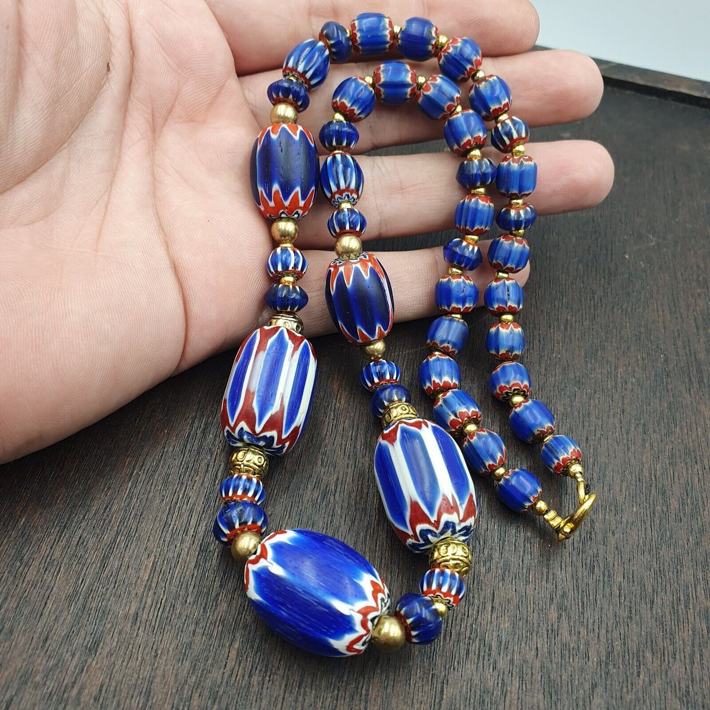 Venetian Style Trade beads Vintage Blue Chevron Beads necklace BCH-32