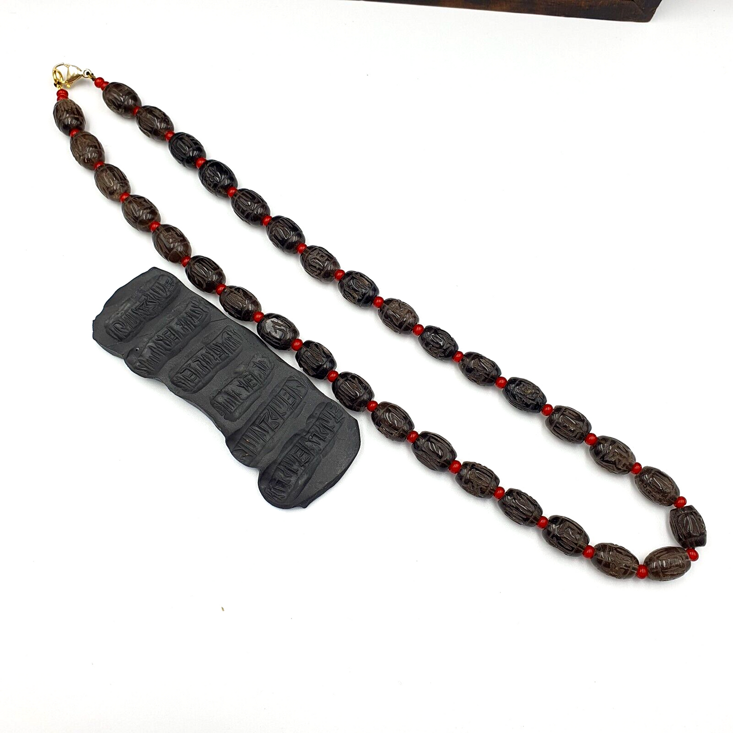 TIBETAN ANTIQUE OLD Carving Smoky Quartz BEADS MALA NECKLACE SMK-2