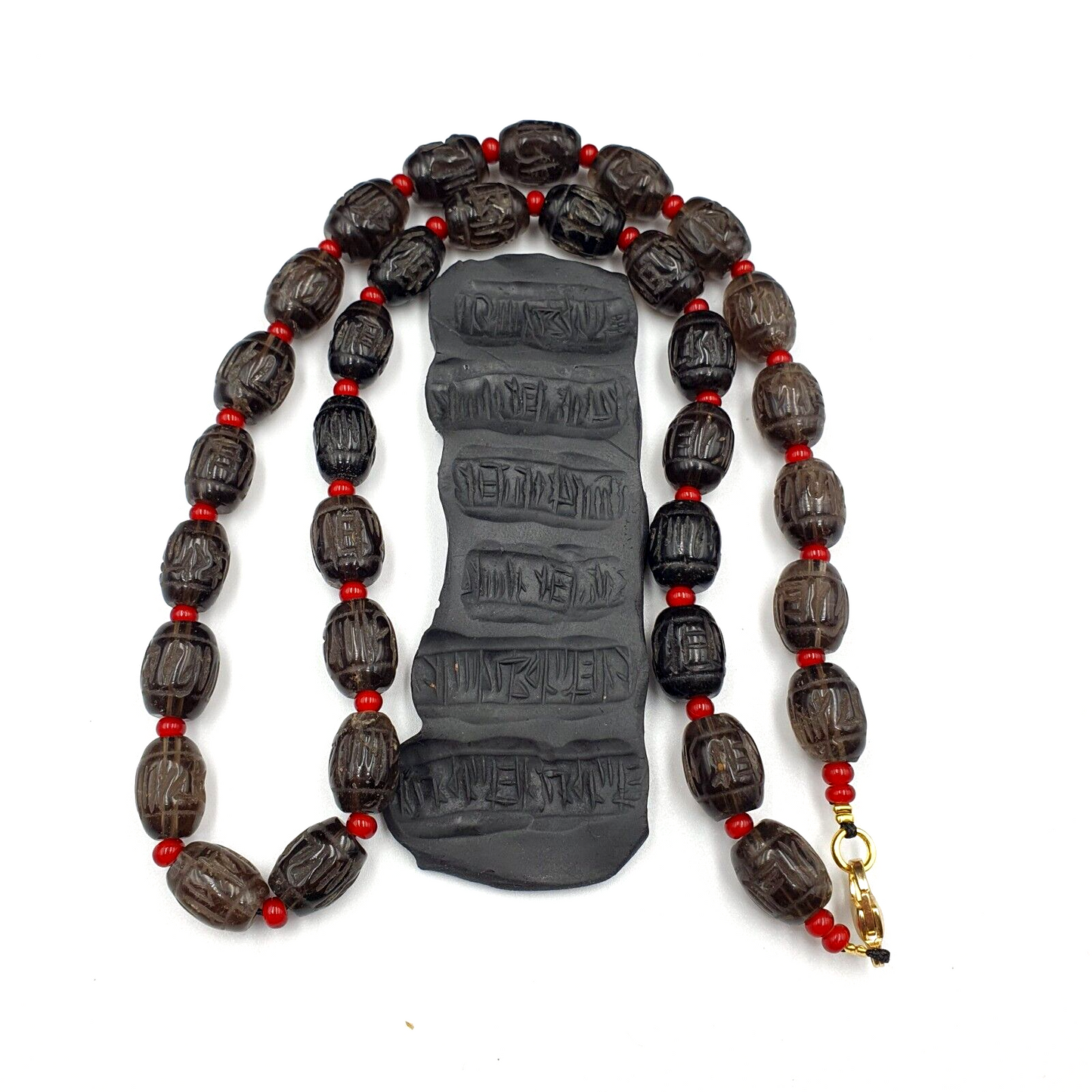 TIBETAN ANTIQUE OLD Carving Smoky Quartz BEADS MALA NECKLACE SMK-2