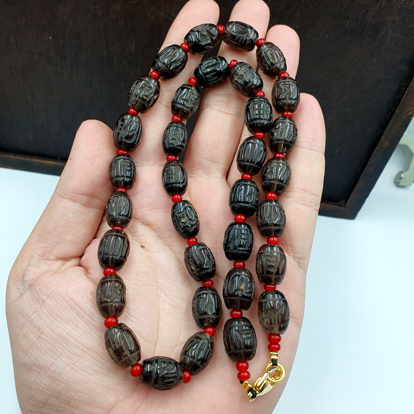 TIBETAN ANTIQUE OLD Carving Smoky Quartz BEADS MALA NECKLACE SMK-2