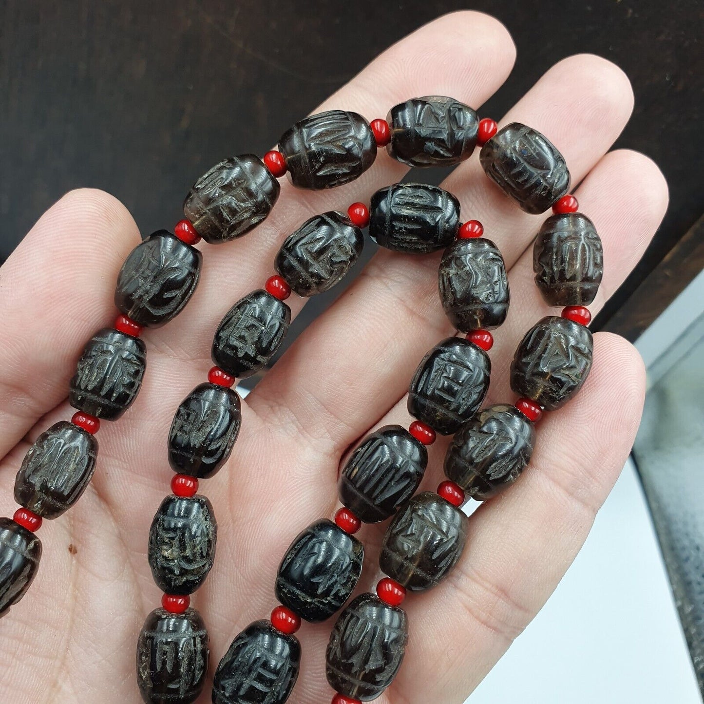 TIBETAN ANTIQUE OLD Carving Smoky Quartz BEADS MALA NECKLACE SMK-2