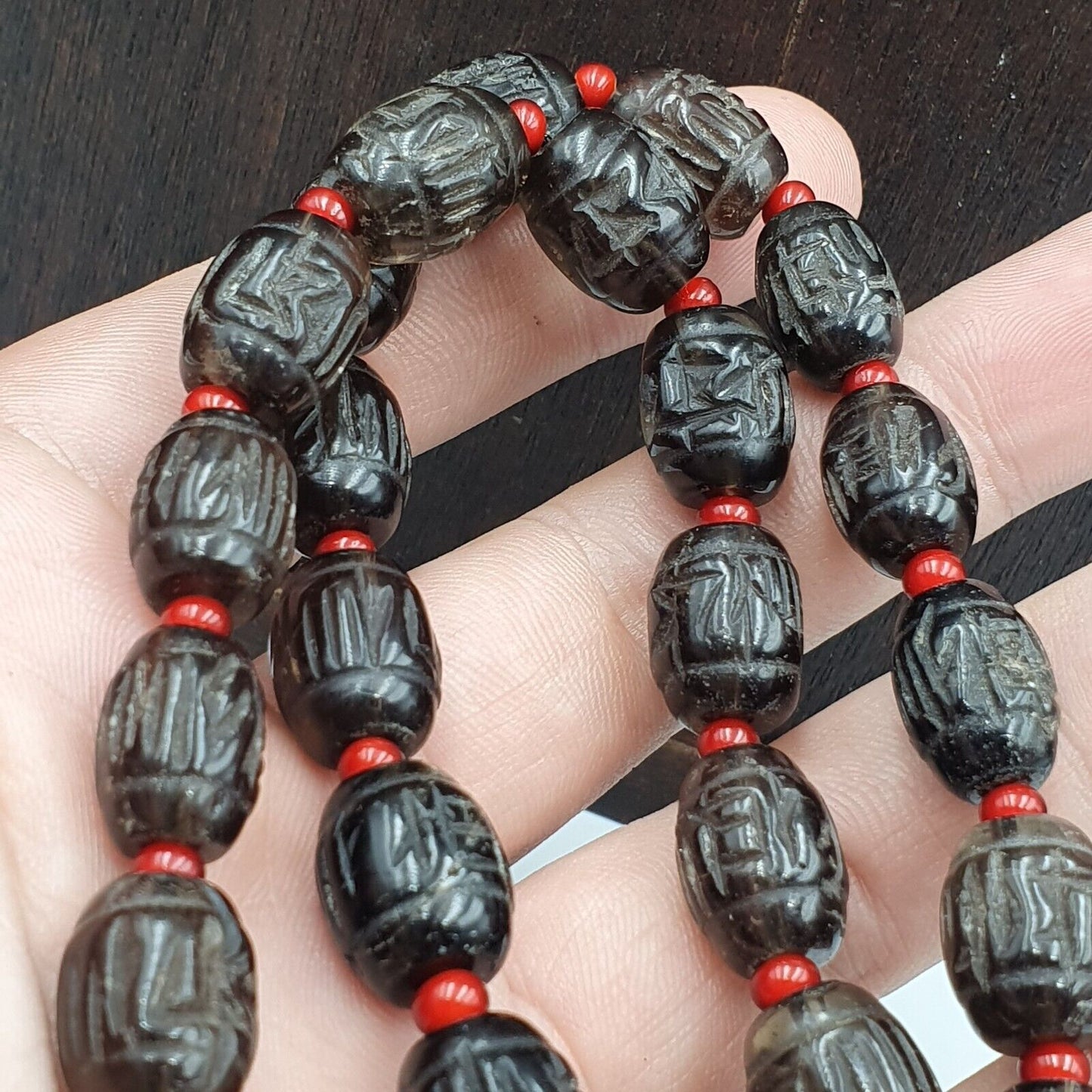 TIBETAN ANTIQUE OLD Carving Smoky Quartz BEADS MALA NECKLACE SMK-2