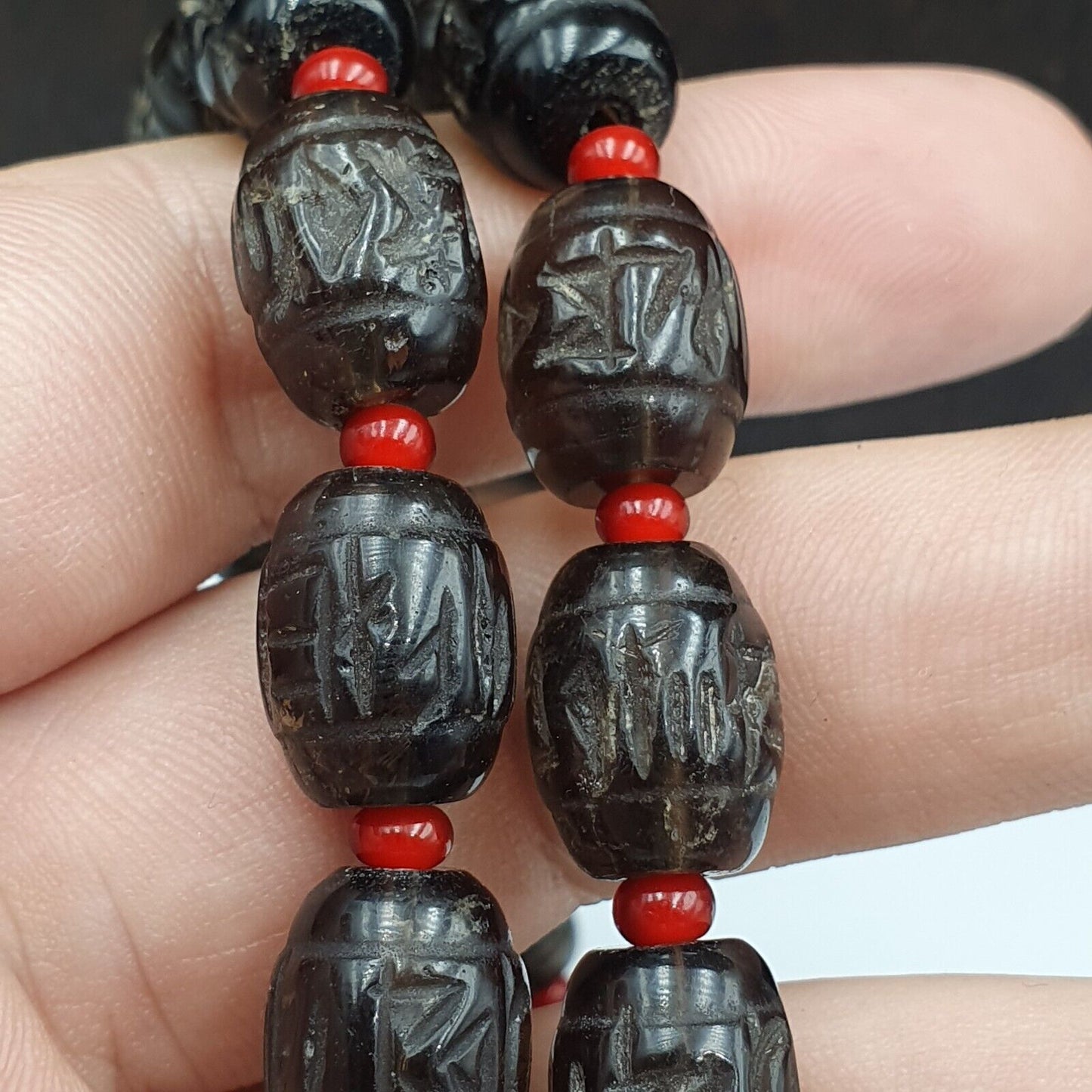 TIBETAN ANTIQUE OLD Carving Smoky Quartz BEADS MALA NECKLACE SMK-2