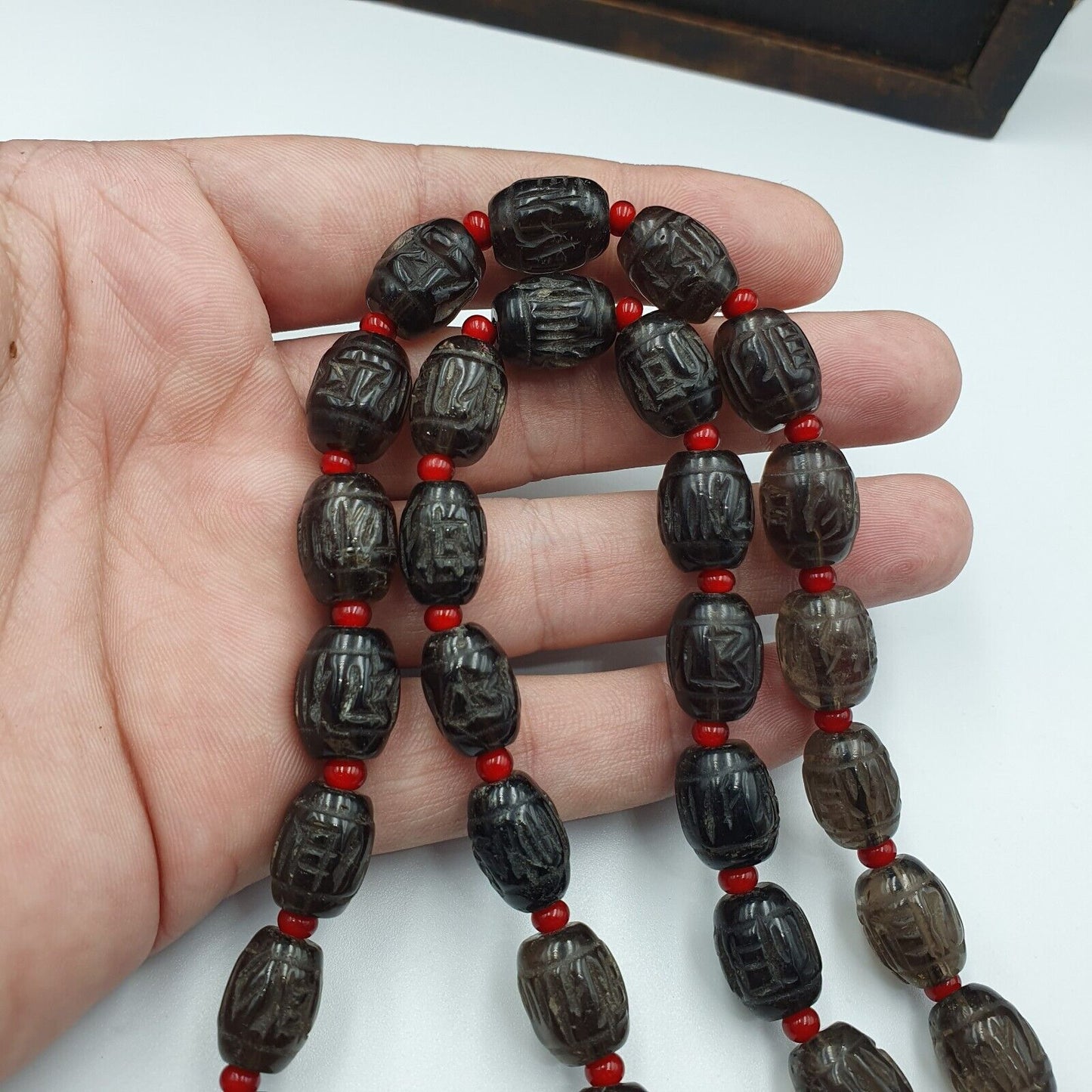 TIBETAN ANTIQUE OLD Carving Smoky Quartz BEADS MALA NECKLACE SMK-2