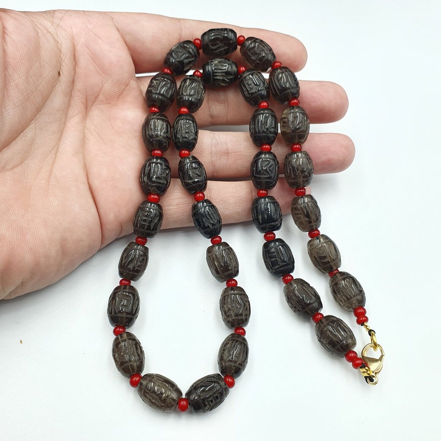 TIBETAN ANTIQUE OLD Carving Smoky Quartz BEADS MALA NECKLACE SMK-2