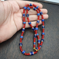 Antique Vintage Venetian White Heart And Blue Chevron Trade Beads Necklace W5