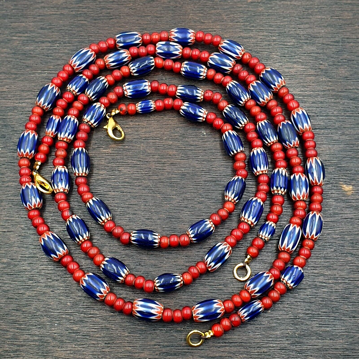 Antique Vintage Venetian White Heart And Blue Chevron Trade Beads Necklace W1
