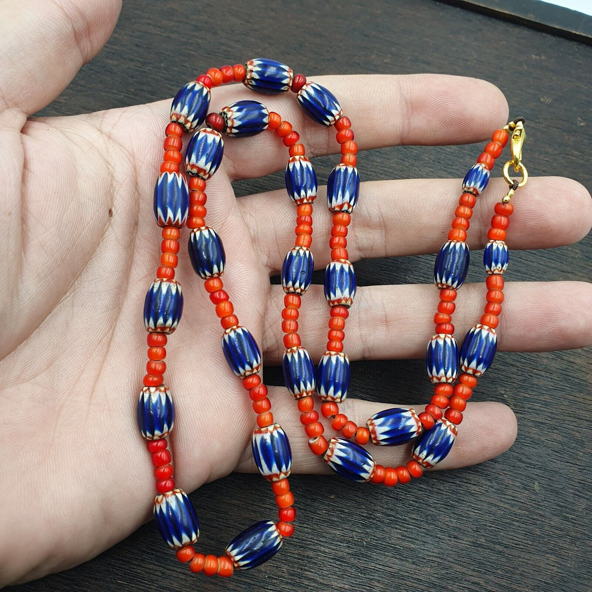 Antique Vintage Venetian White Heart And Blue Chevron Trade Beads Necklace W2