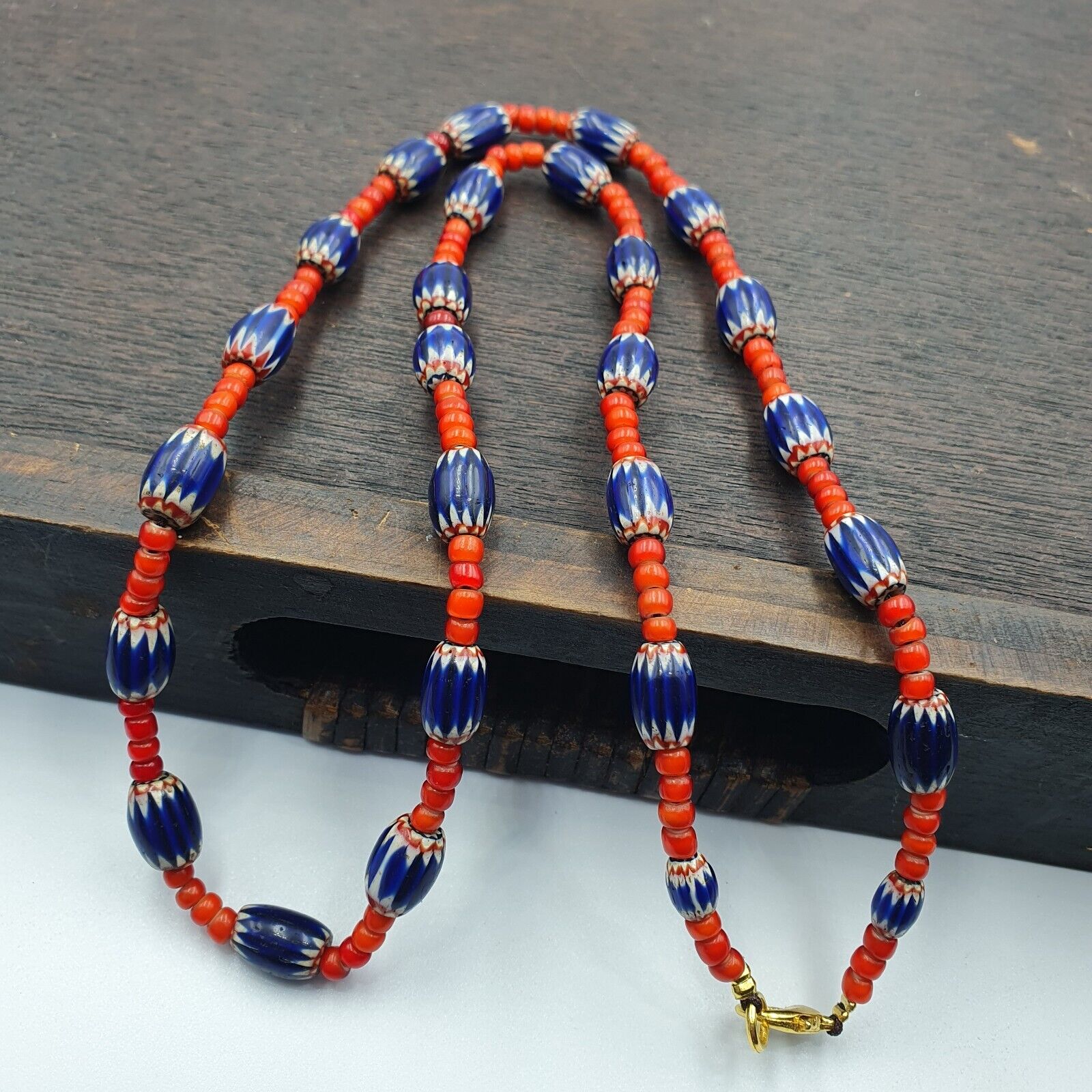 Antique Vintage Venetian White Heart And Blue Chevron Trade Beads Necklace W2