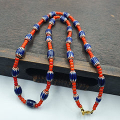 Antique Vintage Venetian White Heart And Blue Chevron Trade Beads Necklace W2