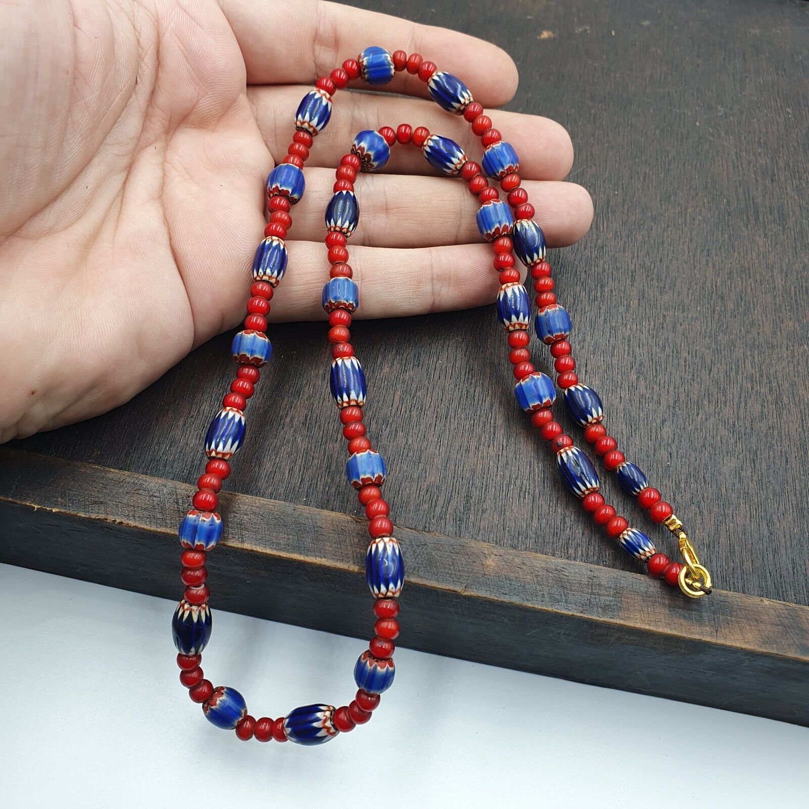 Antique Vintage Venetian White Heart And Blue Chevron Trade Beads Necklace W5