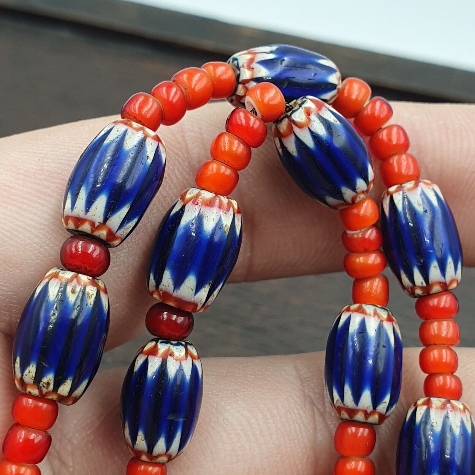 Antique Vintage Venetian White Heart And Blue Chevron Trade Beads Necklace W2