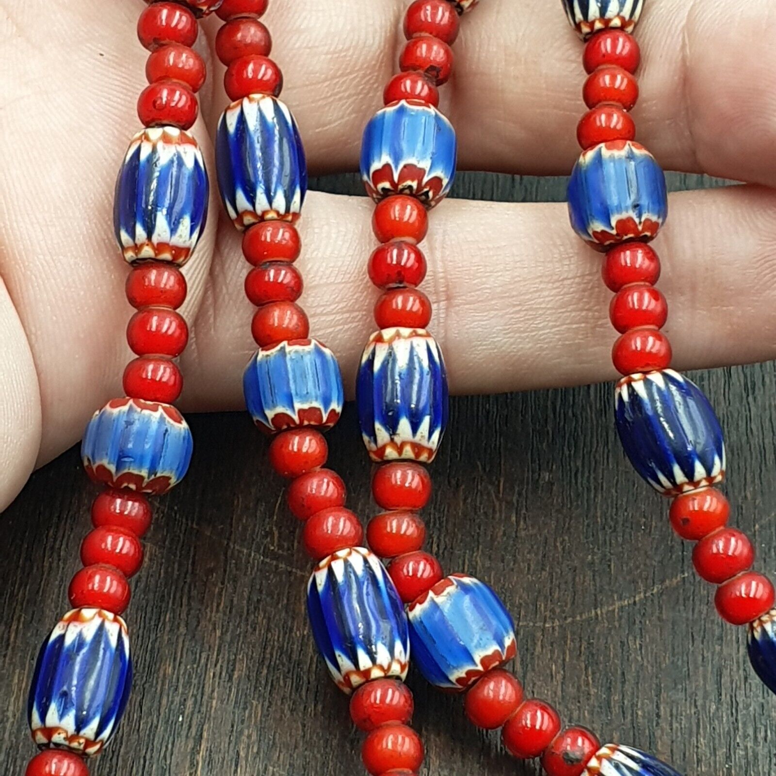 Antique Vintage Venetian White Heart And Blue Chevron Trade Beads Necklace W5