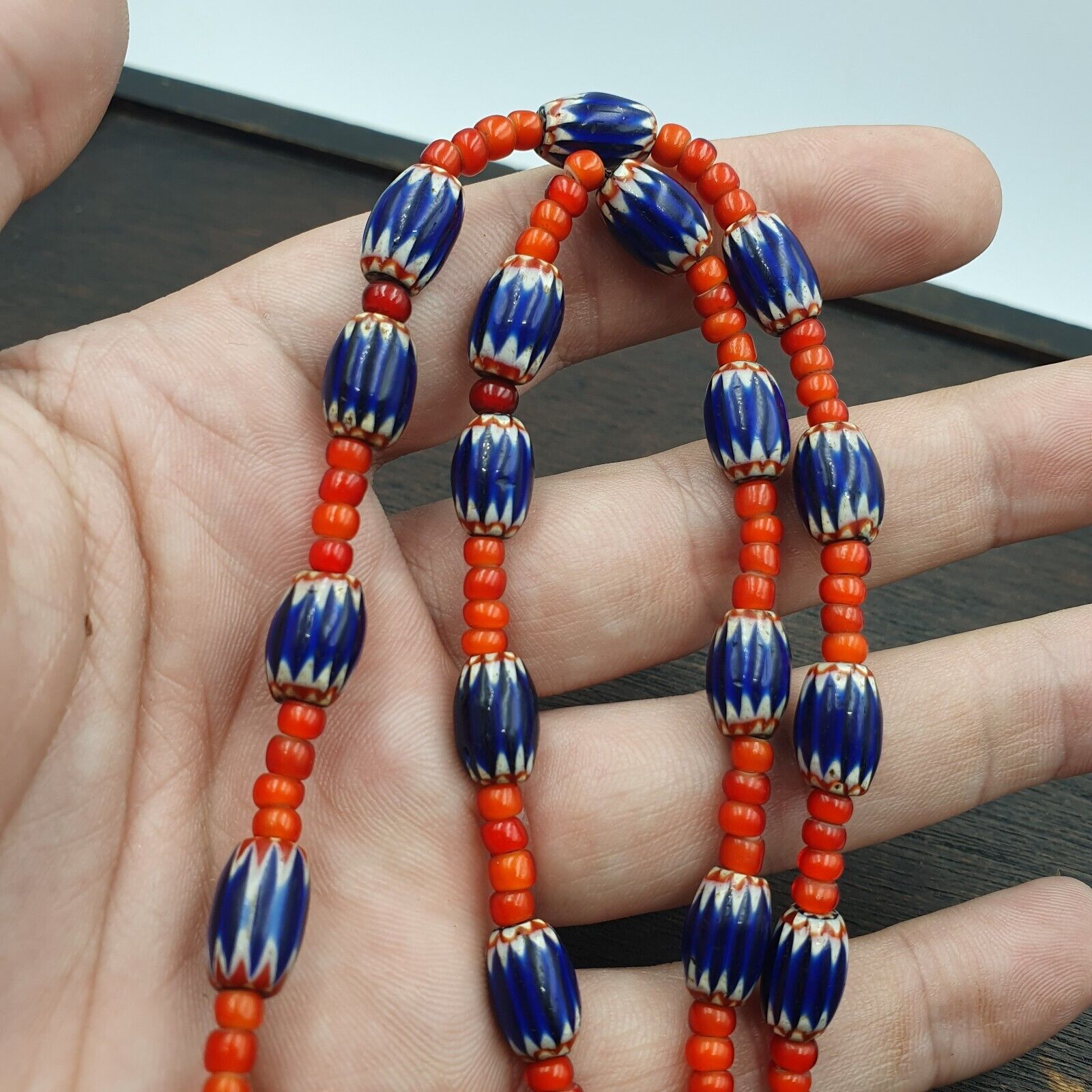 Antique Vintage Venetian White Heart And Blue Chevron Trade Beads Necklace W2