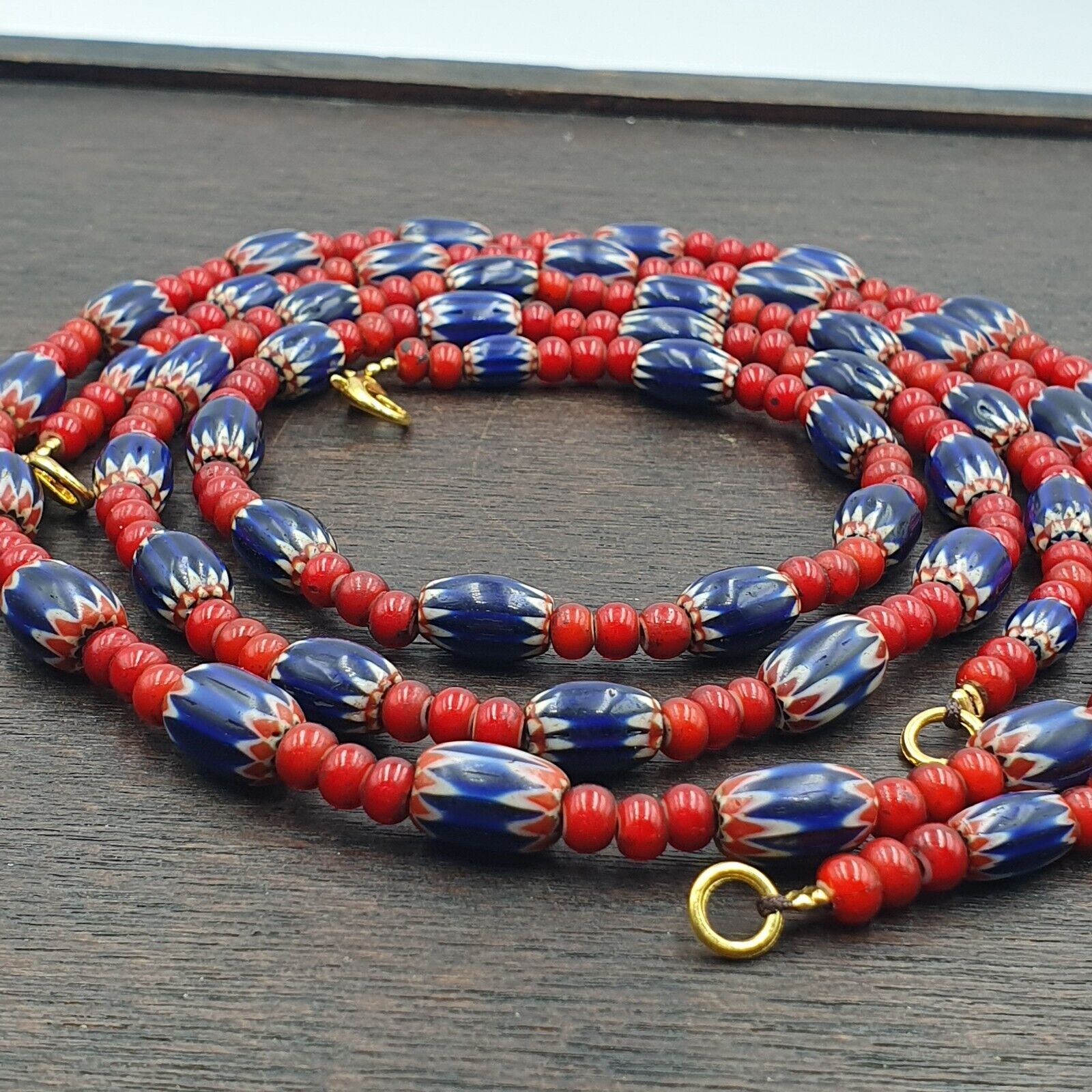 Antique Vintage Venetian White Heart And Blue Chevron Trade Beads Necklace W1