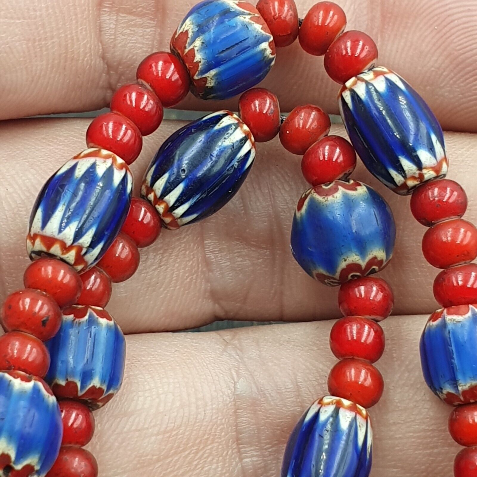 Antique Vintage Venetian White Heart And Blue Chevron Trade Beads Necklace W5
