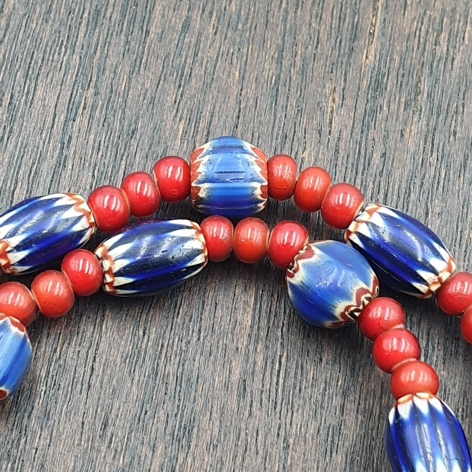 Antique Vintage Venetian White Heart And Blue Chevron Trade Beads Necklace W5