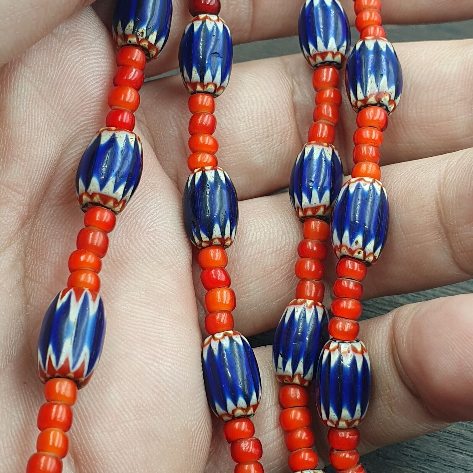 Antique Vintage Venetian White Heart And Blue Chevron Trade Beads Necklace W2