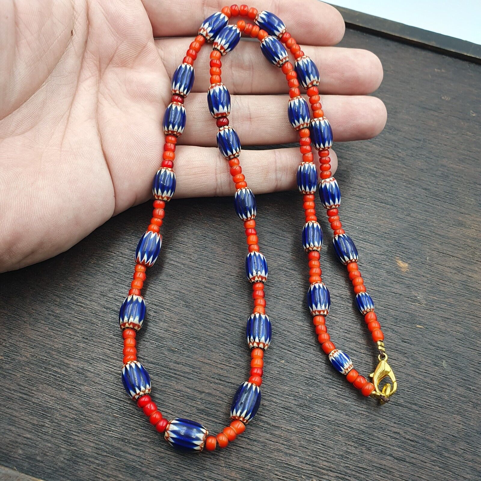 Antique Vintage Venetian White Heart And Blue Chevron Trade Beads Necklace W2