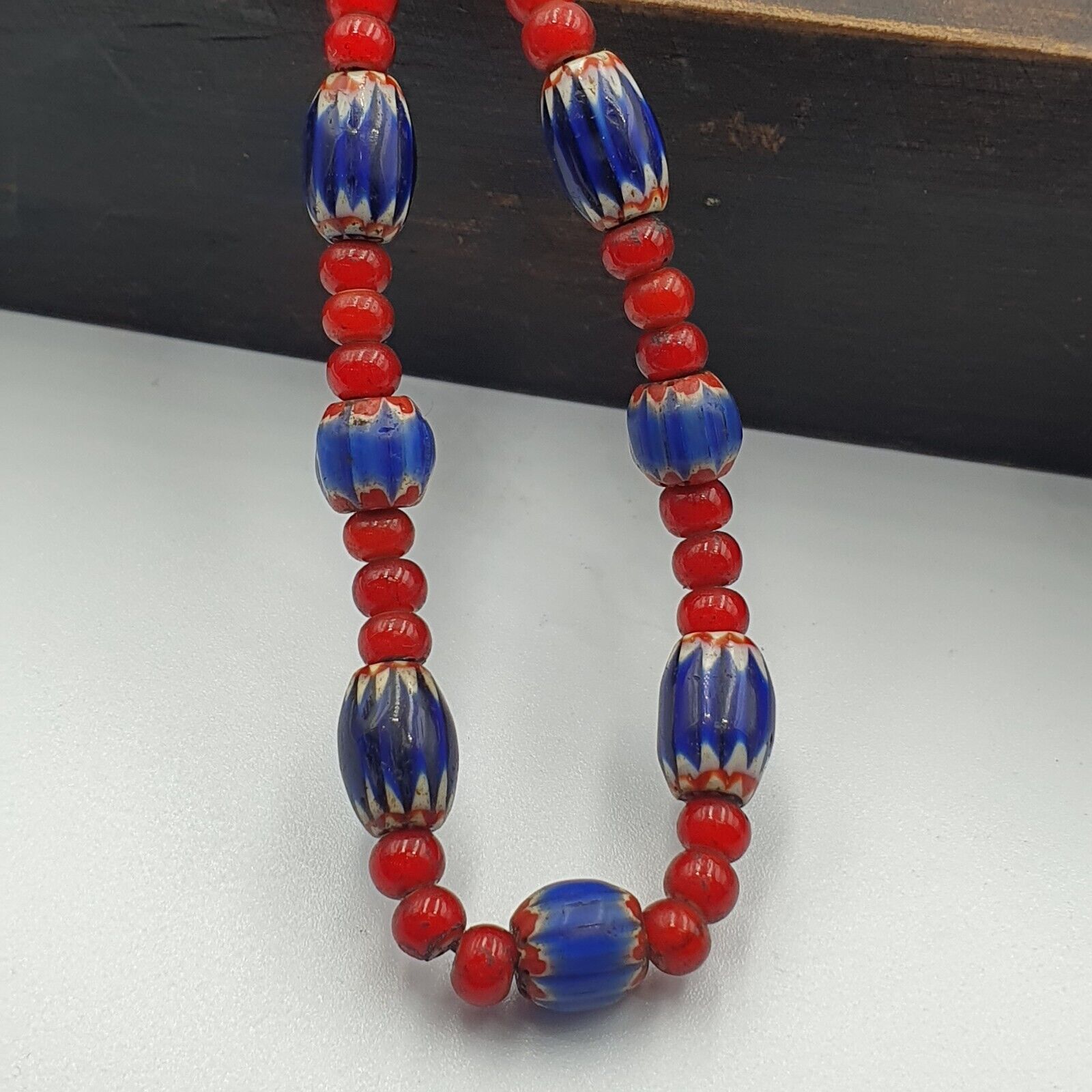 Antique Vintage Venetian White Heart And Blue Chevron Trade Beads Necklace W5