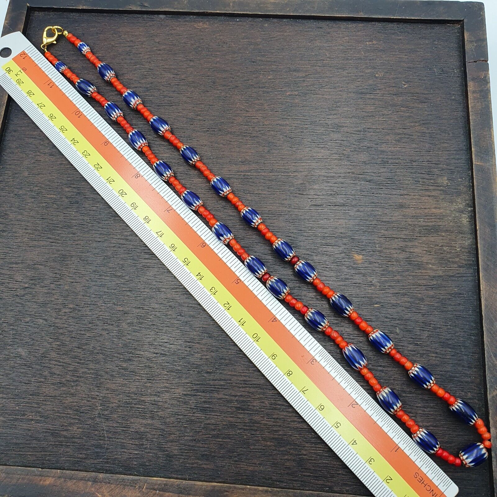 Antique Vintage Venetian White Heart And Blue Chevron Trade Beads Necklace W2