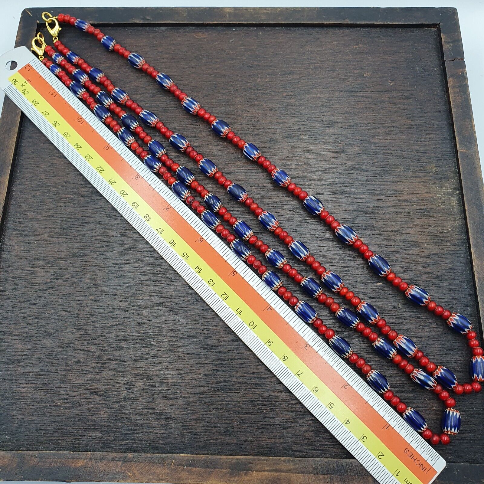 Antique Vintage Venetian White Heart And Blue Chevron Trade Beads Necklace W1