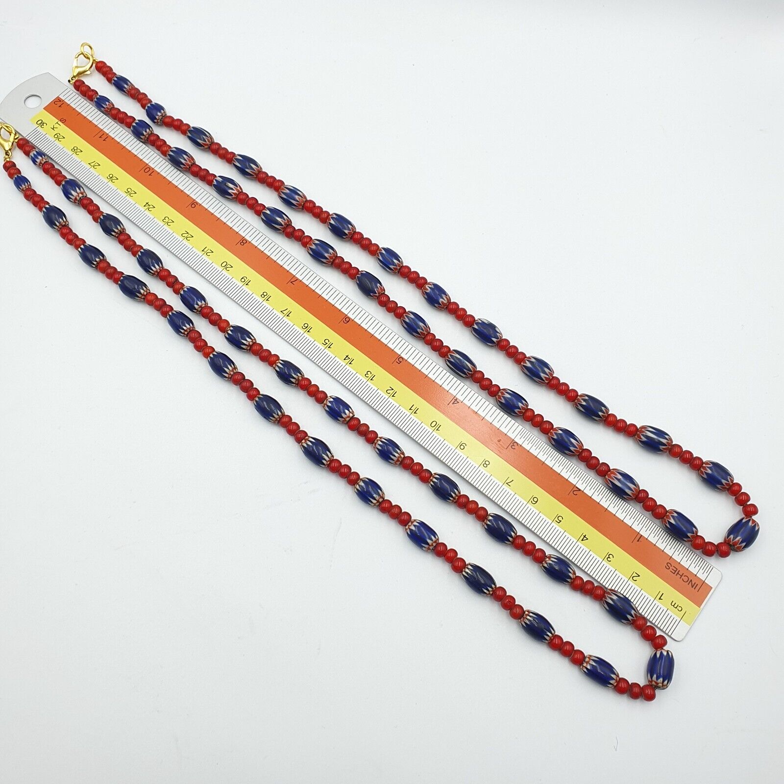Antique Vintage Venetian White Heart And Blue Chevron Trade Beads Necklace W1