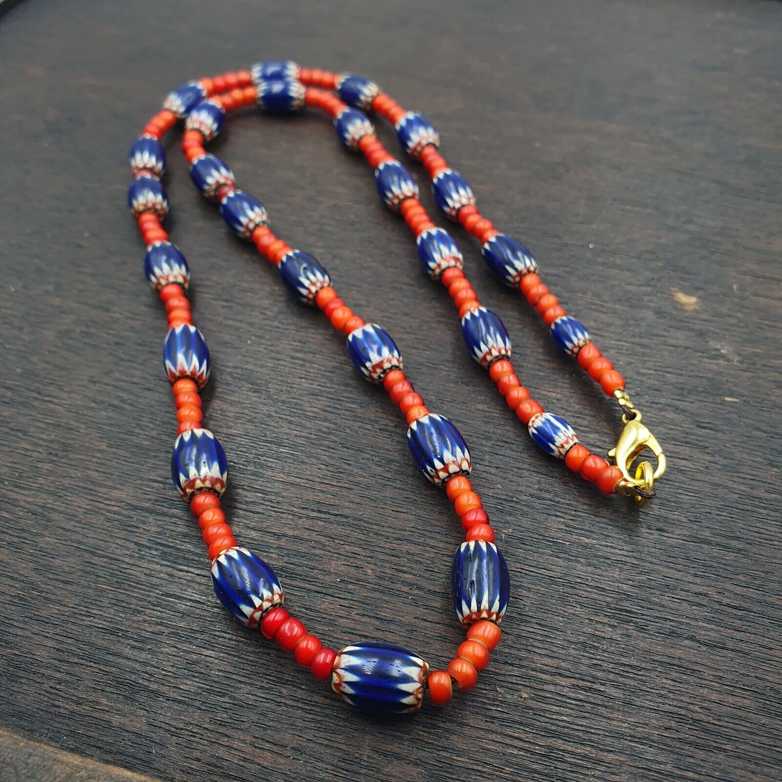 Antique Vintage Venetian White Heart And Blue Chevron Trade Beads Necklace W2