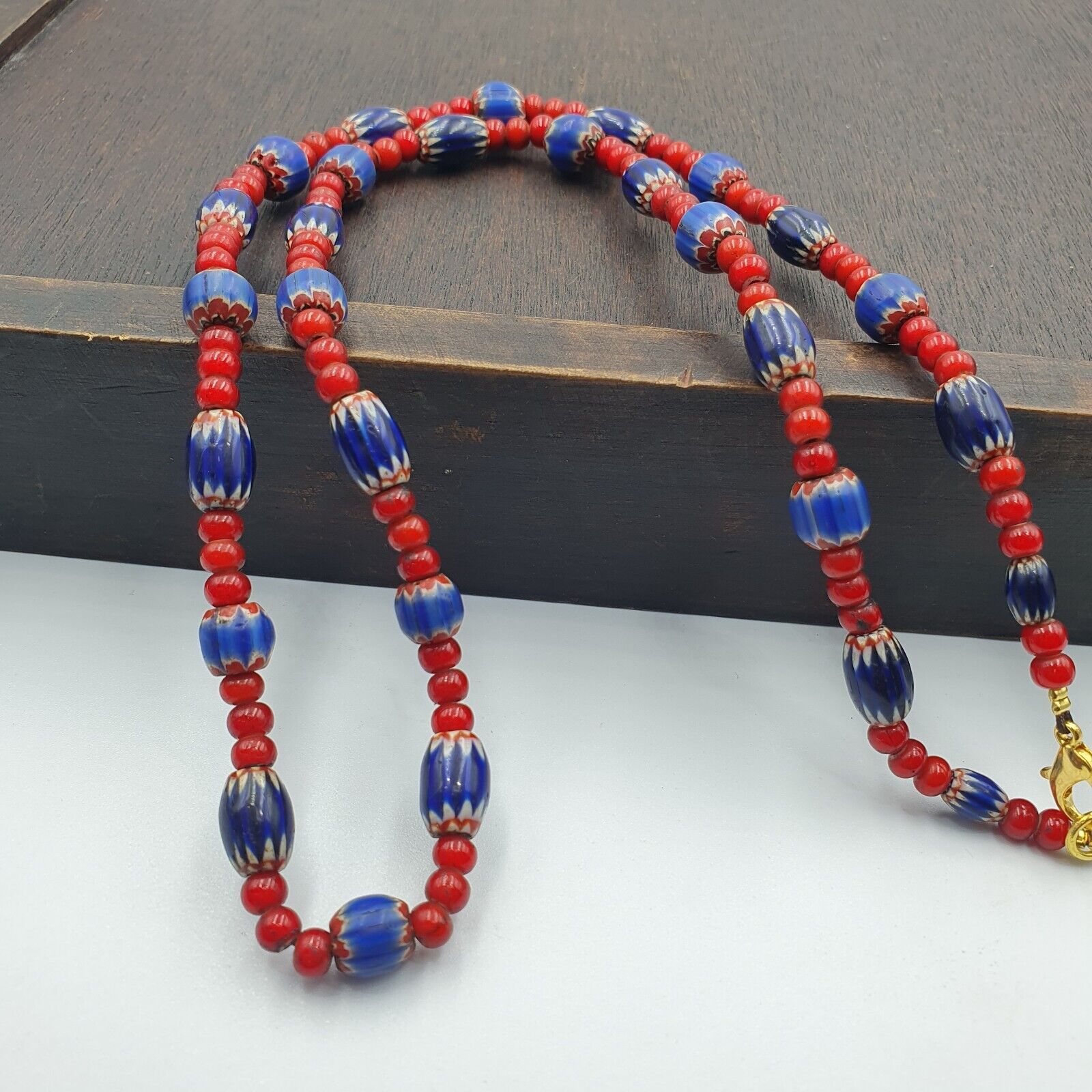 Antique Vintage Venetian White Heart And Blue Chevron Trade Beads Necklace W5