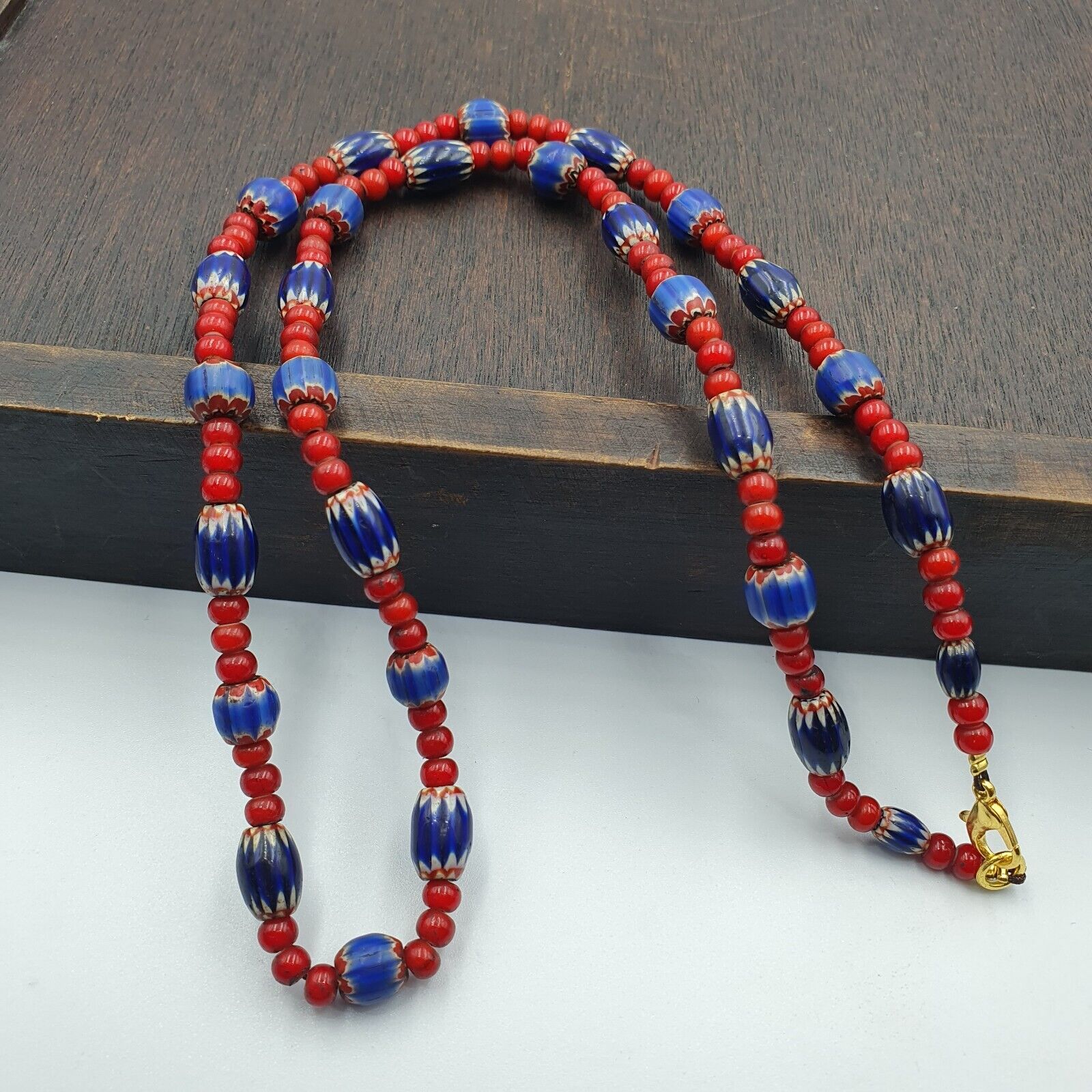 Antique Vintage Venetian White Heart And Blue Chevron Trade Beads Necklace W5