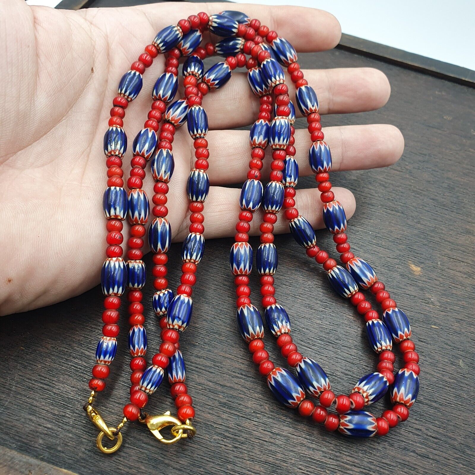 Antique Vintage Venetian White Heart And Blue Chevron Trade Beads Necklace W1