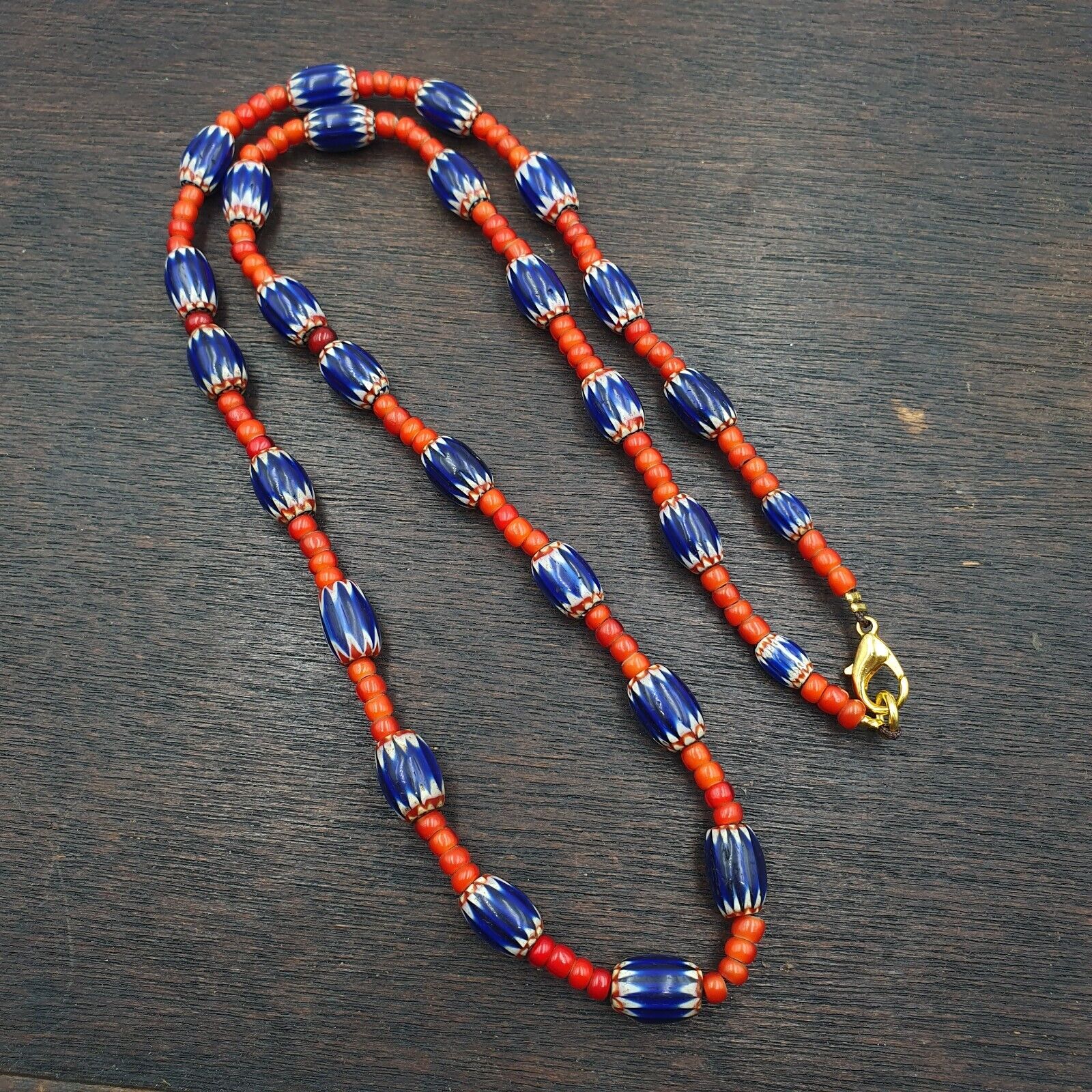 Antique Vintage Venetian White Heart And Blue Chevron Trade Beads Necklace W2