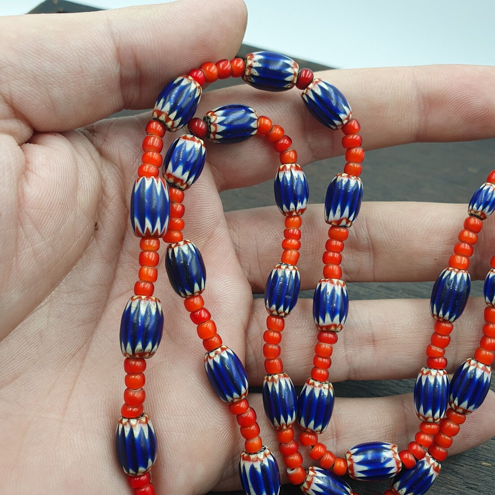 Antique Vintage Venetian White Heart And Blue Chevron Trade Beads Necklace W2