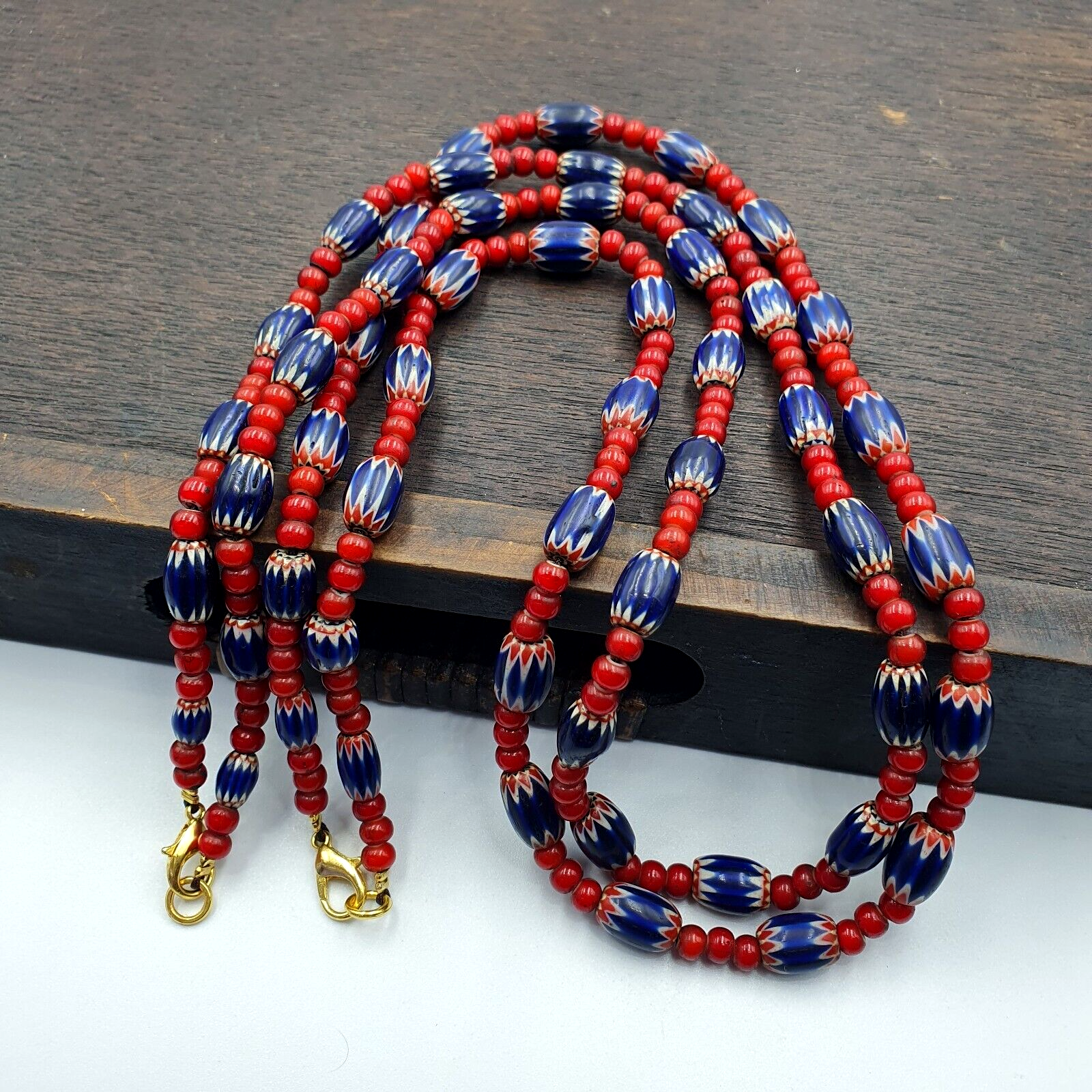 Antique Vintage Venetian White Heart And Blue Chevron Trade Beads Necklace W1