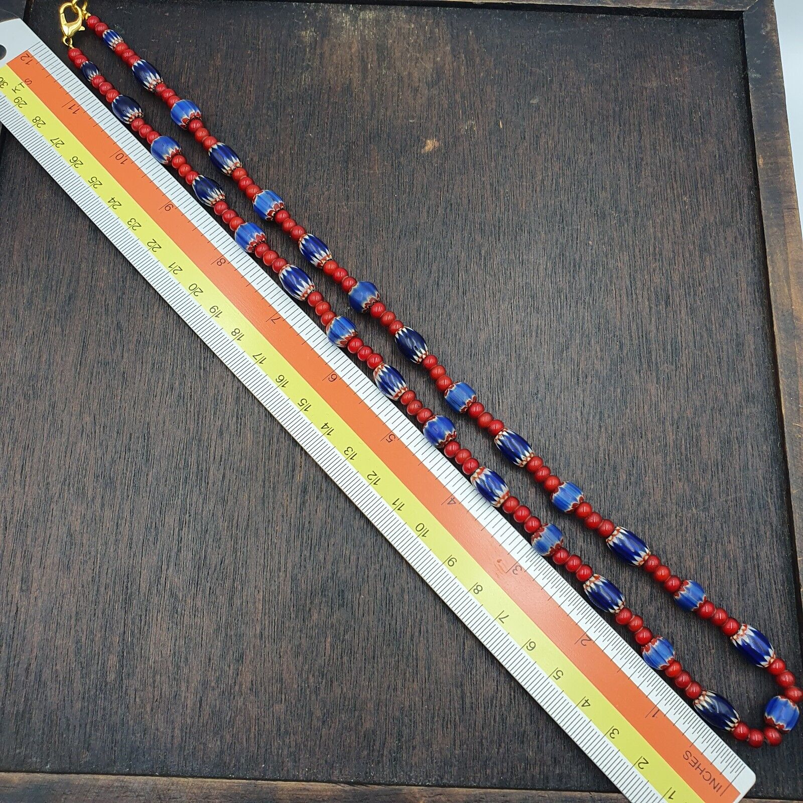 Antique Vintage Venetian White Heart And Blue Chevron Trade Beads Necklace W5