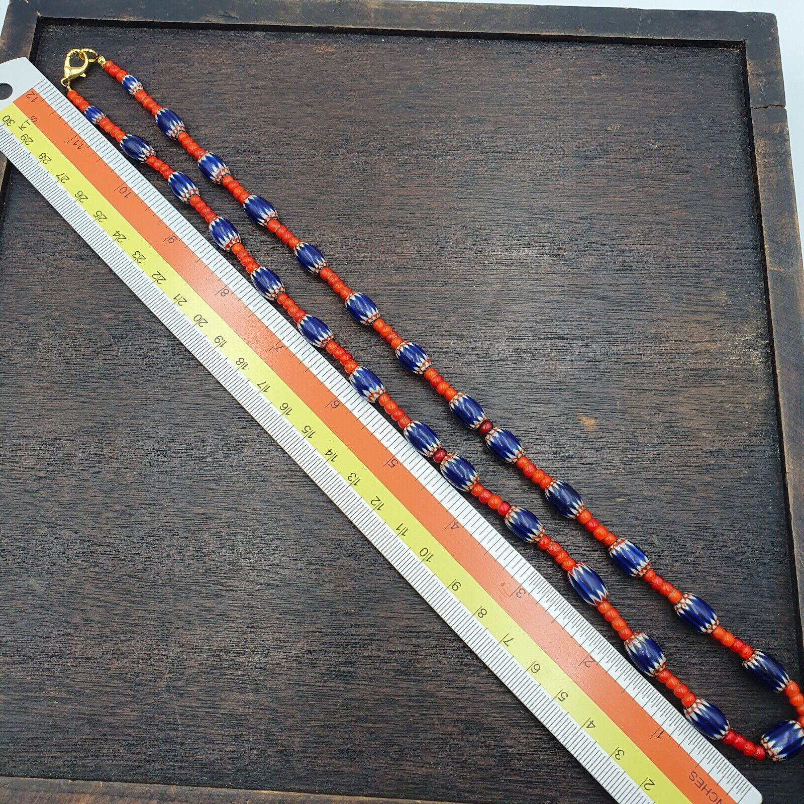 Antique Vintage Venetian White Heart And Blue Chevron Trade Beads Necklace W2