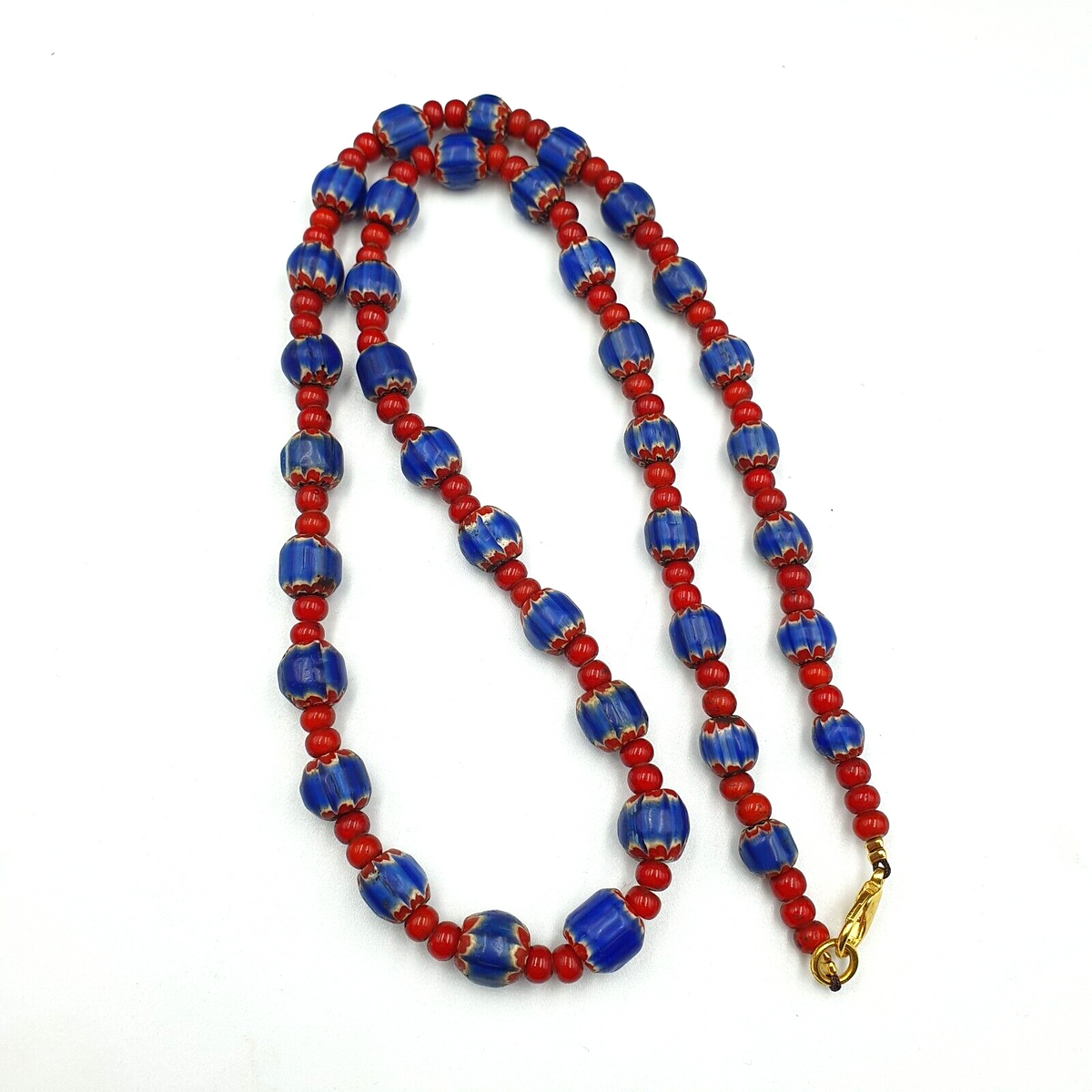 Antique Vintage Venetian White Heart And Blue Chevron Trade Beads Necklace W3