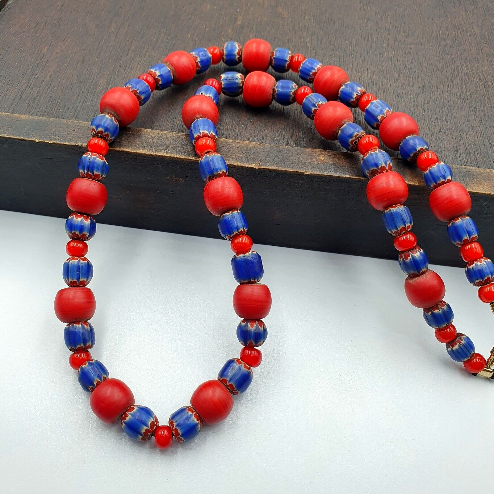 Antique Venetian White Heart And Vintage Blue Chevron Trade Beads Necklace W4