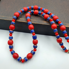 Antique Venetian White Heart And Vintage Blue Chevron Trade Beads Necklace W4