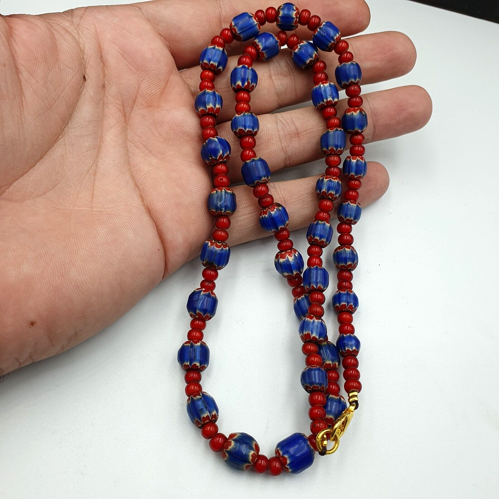 Antique Vintage Venetian White Heart And Blue Chevron Trade Beads Necklace W3