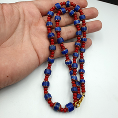 Antique Vintage Venetian White Heart And Blue Chevron Trade Beads Necklace W3
